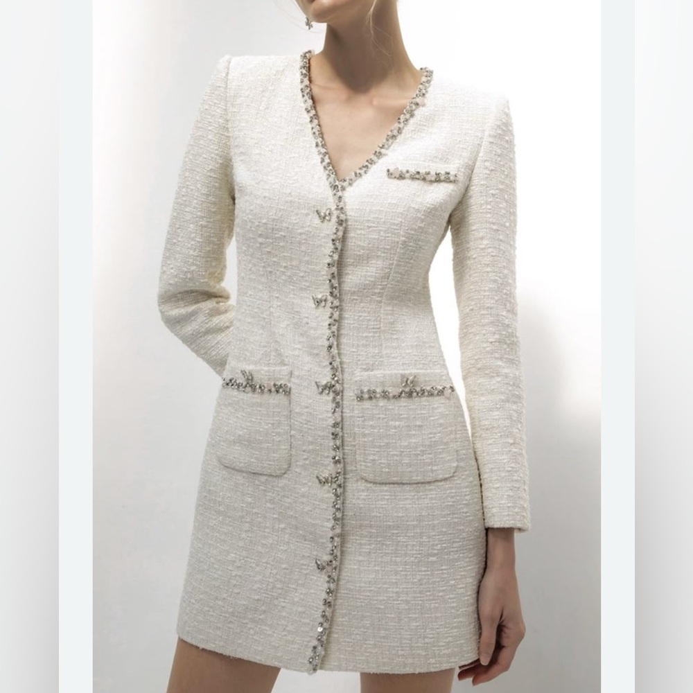 Self-Portrait Ivory Boucle Mini Dress with Embellishments